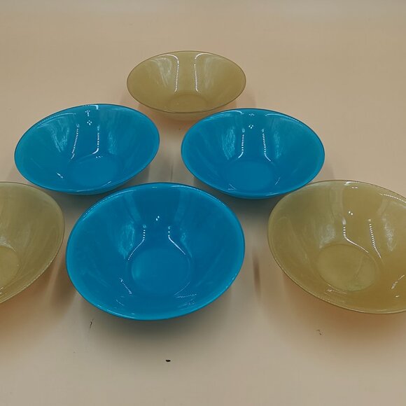 6 Vintage ARC France Glass 6.5” x 1.8” deep Bowls Matte 3 Yellow 3 Blue Set - Picture 3 of 10